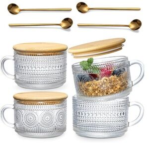 BAMBOO LID GLASS CUPS W/ GOLD SPOON